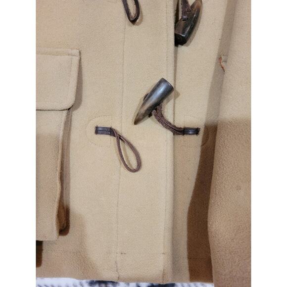 Vintage Lands‎ End 100% Wool Toggle Hooded Coat Medium Tan Nylon Lined Jacket - Picture 8 of 9